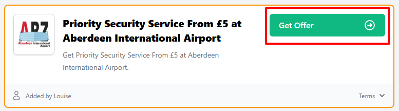 A Aberdeen International Airport offer with "Get Code in a red box.
