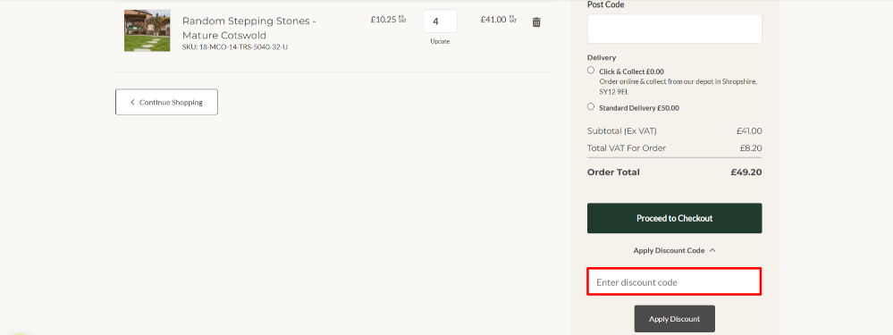 Applying a Gardenstone promo code at checkout into the offer code box