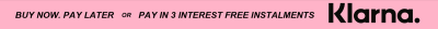 The buy now, pay later payment option, KLarna, with the logo and descriprtion in black prints on a pink background