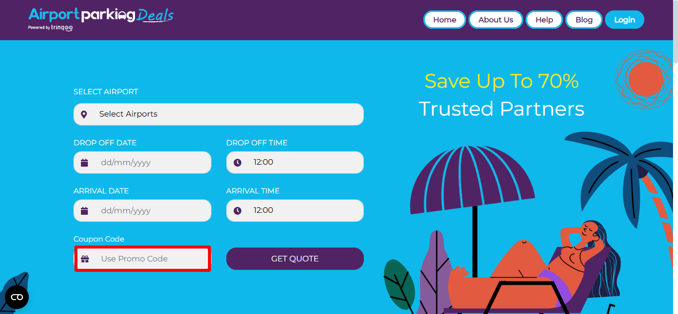 Airport Parking Deals homepage where you can apply your Airport Parking Deals promo code to your booking