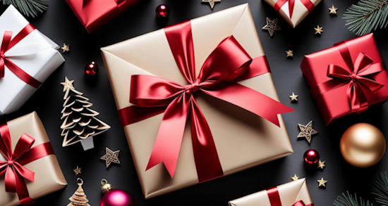 Mehrere kleine und größere Weihnachtsgeschenke mit Dekoration und Schleifen