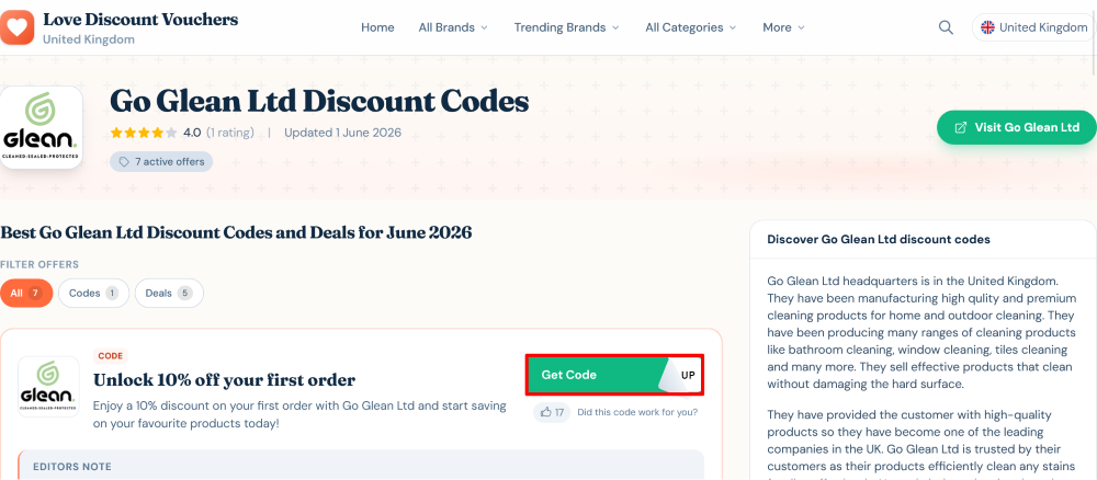 Go Glean Ltd page on Love Discount Vouchers where you copy the code highlighted in the red box.