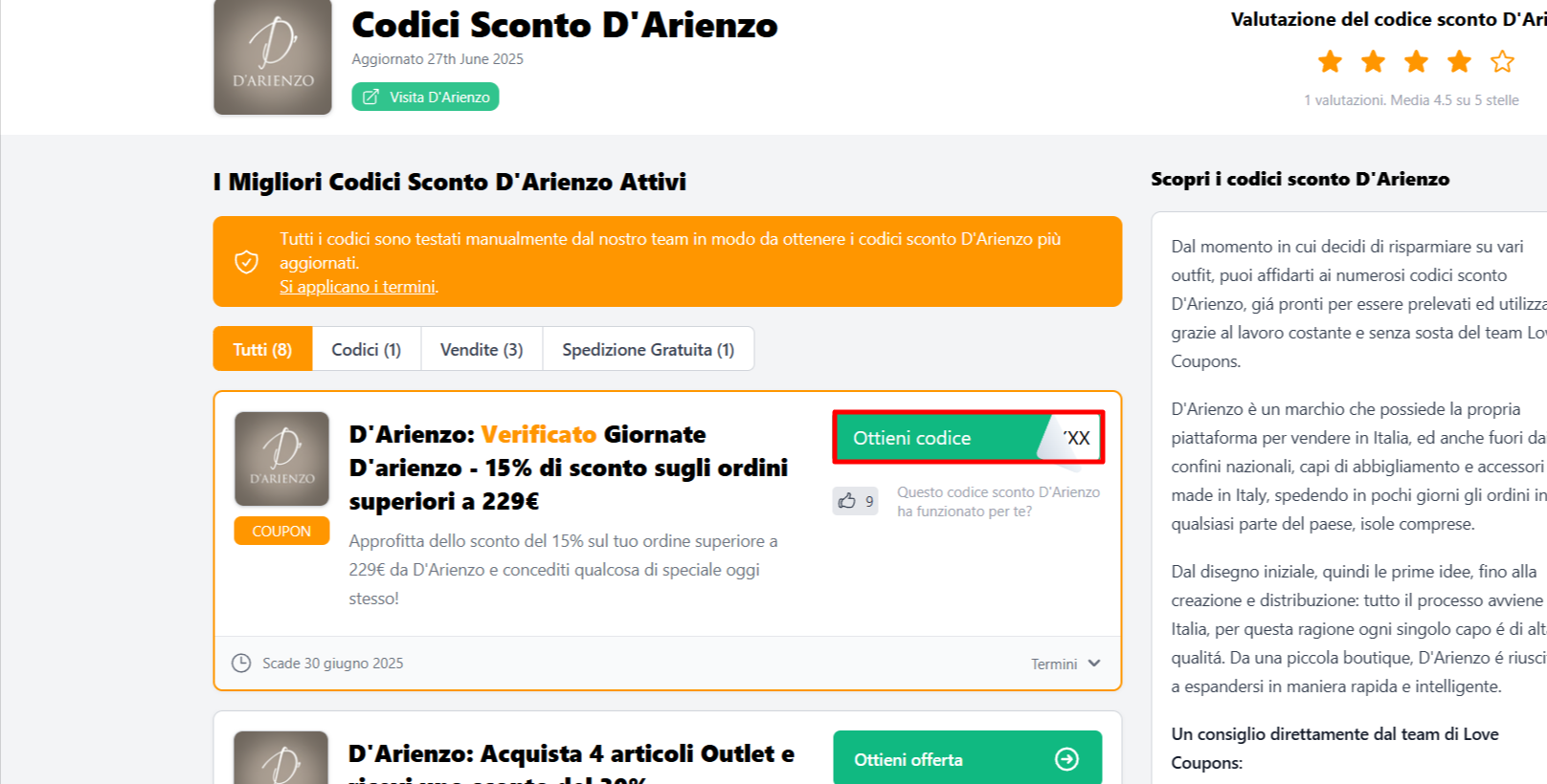 codice sconto D'Arienzo presente nella lista, da poter prelevare per fare affari sul sito D'Arienzo