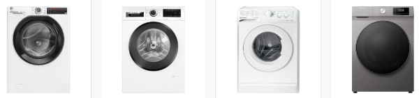 A collage of four different models of washing machines on a white background