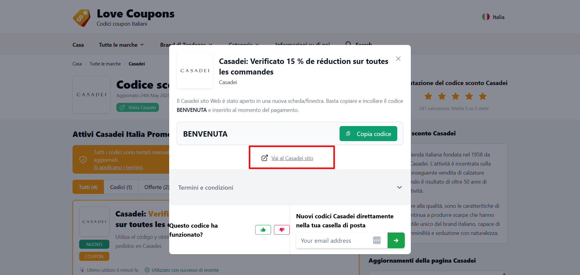 collegamento diretto alla piattaforma ufficiale Casadei dove poter utilizzare uno dei codici sconto Casadei