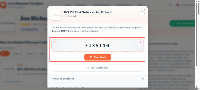 10% off your first Jon Richard onlne order- use it on qualifying orders
