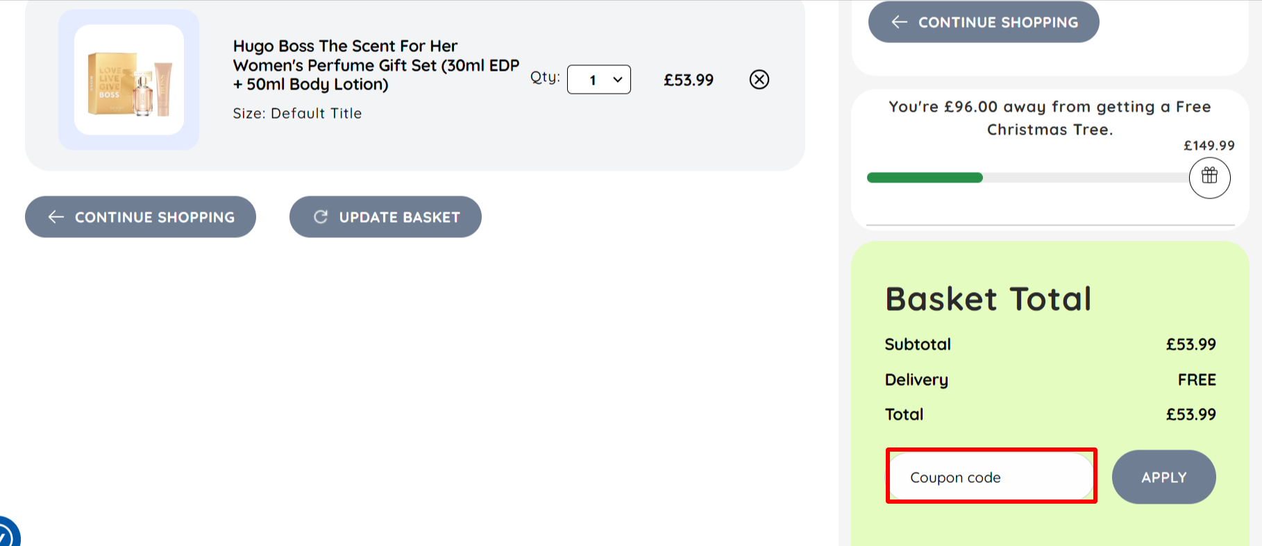 The checkout page showing where to apply your discount code