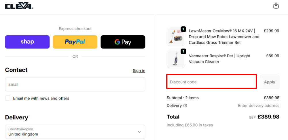 The Cleva checkout page with where to paste the Cleva voucher code in a red box
