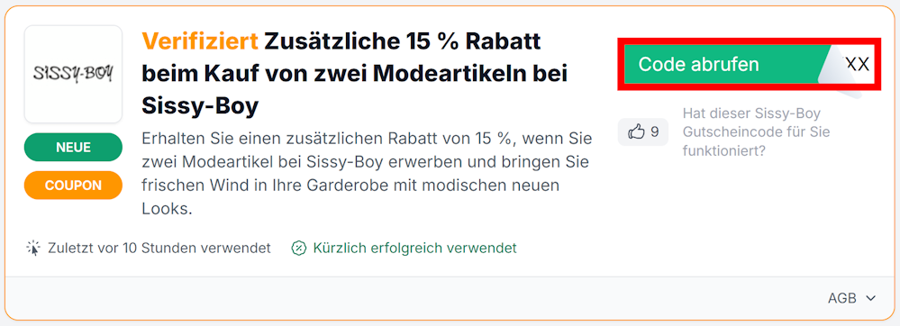Angaben zu einem Sissy-Boy Gutschein mit einem rotmarkierten grünen Button