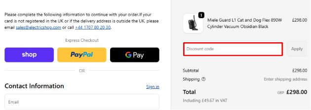 A box where you can add your electricshop.com voucher code to redeem it