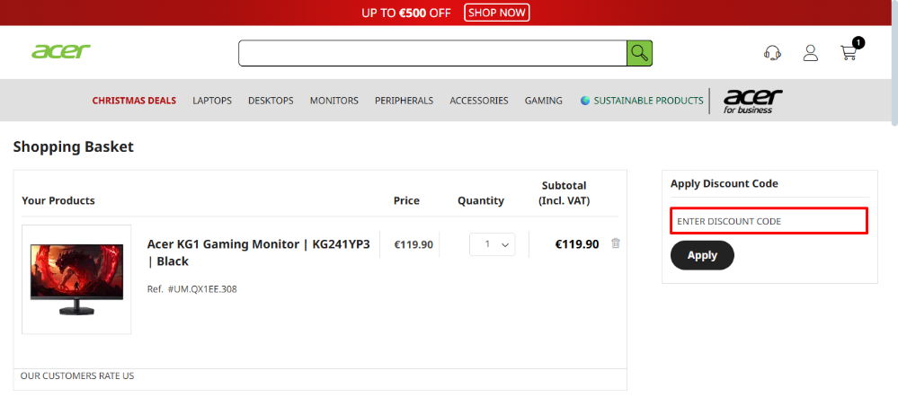Acer discount code place in your shopping basket