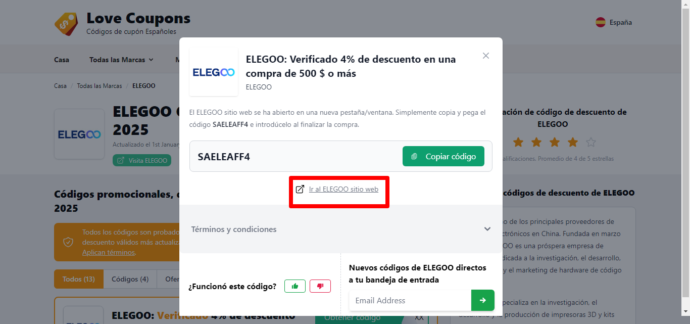 código para copiar y el enlace para ir al sitio web de la marca