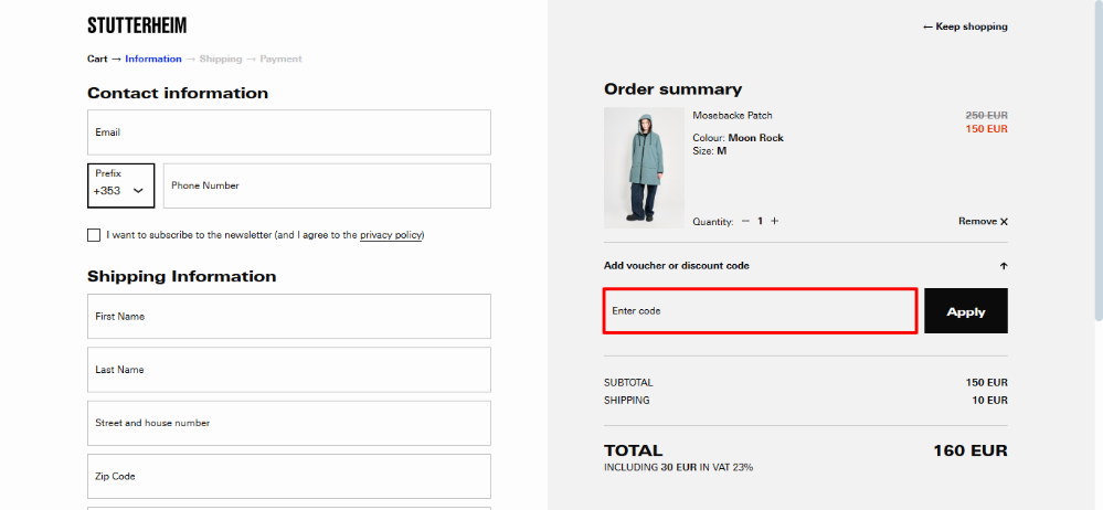Stutterheim discount code place shown by a red box surrounding it
