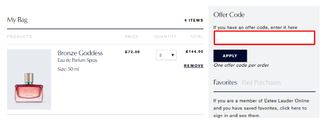 A box where you can add your Estee Lauder voucher code to redeem it