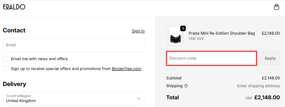 The Eraldo checkout with where to paste the Eraldo voucher code in a red box
