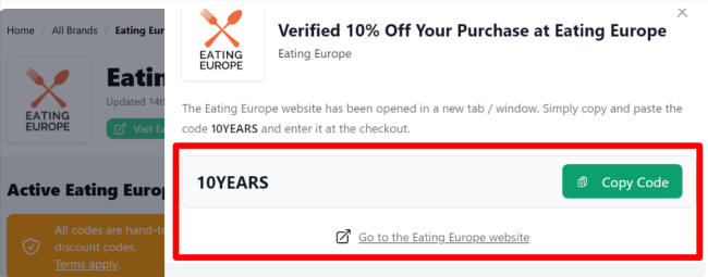 a link that customers can click after copying their Eating Europe voucher code