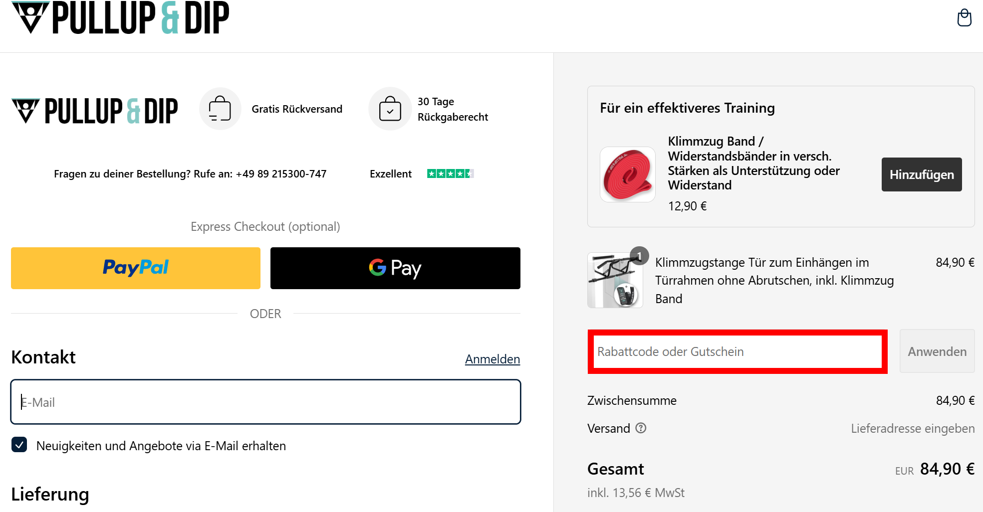 Der Checkout von Pullup & Dip mit einem rotmarkiertem Eingabefeld für den Code