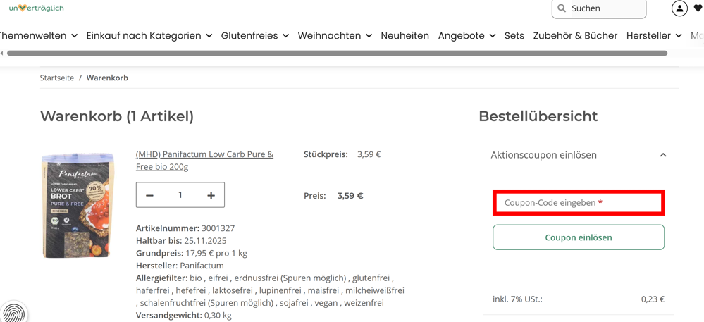 Warenkorb von Unvertraeglich mit einem rotmarkierten Eingabefeld für Gutscheine
