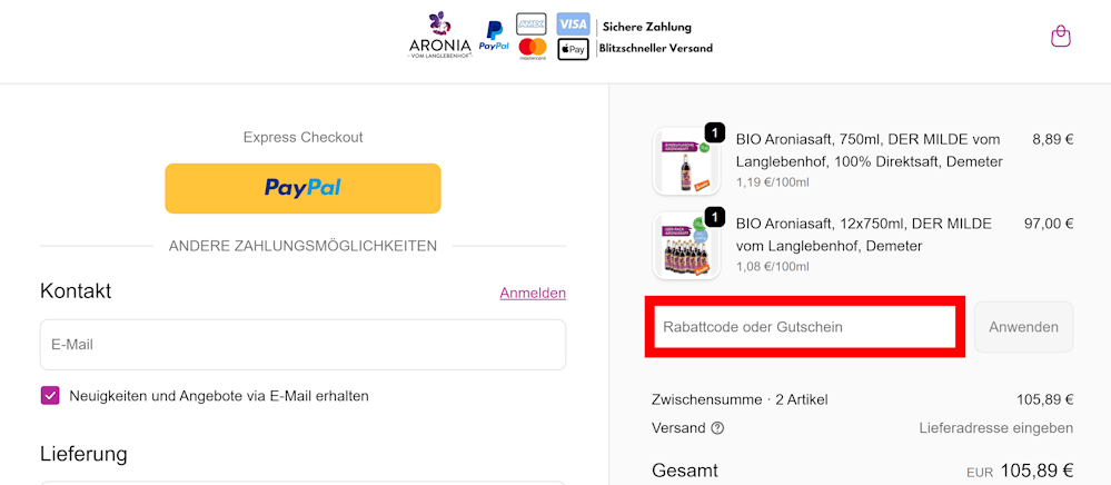 Checkout von Aronia from Langlebenhof mit rotmarkiertem Eingabefeld für Gutscheincodes