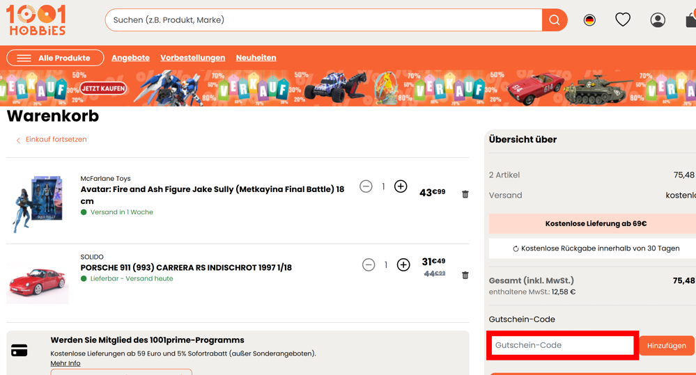 Warenkorb von 1001hobbies mit rotmarkiertem Eingabefeld für Gutscheine