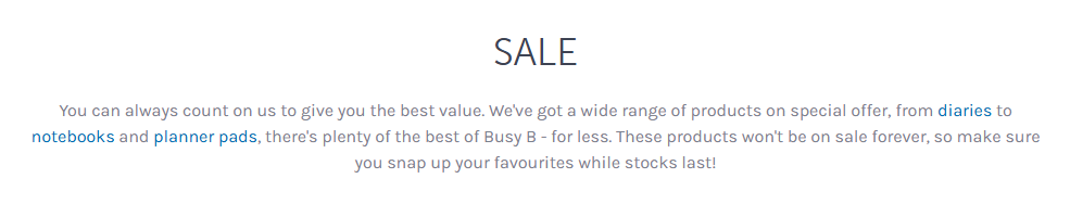 The Busy B Sale banner from their website