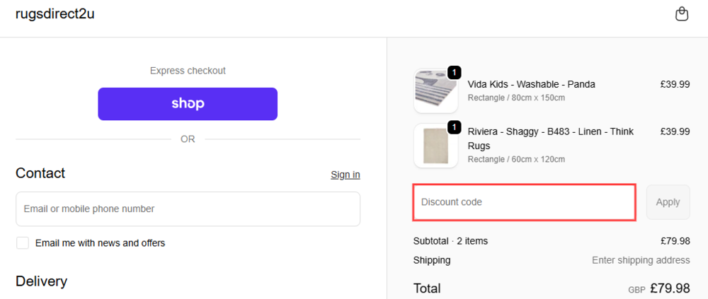 The Rugs Direct 2U checkout page with where to paste the Rugs Direct 2U voucher code in a red box