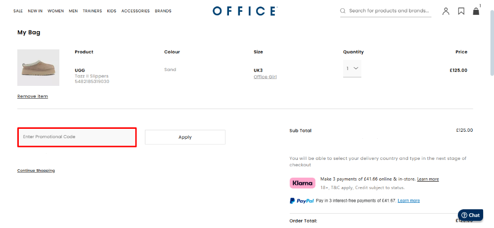 Shopping bag where you apply your OFFICE Shoes discount code to the order