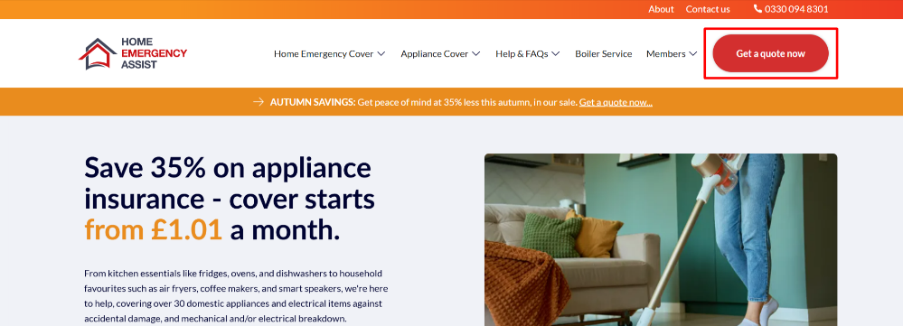 A Home Emergency Assist page showing the get quote button