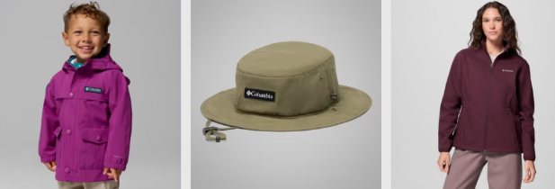 Columbia items displayed on light grey background