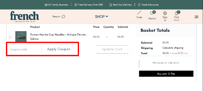 French Furniture Fittings cart overview with code image