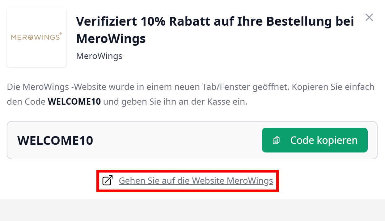 Ein offener Gutscheincode für MeroWings mit einem rotmarkiertem Link
