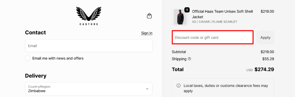 The checkout page showing where to apply your CASTORE discount code