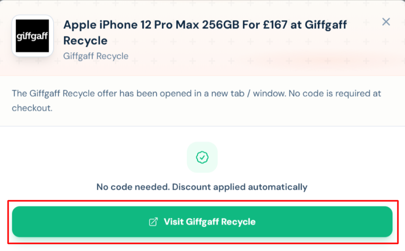 A Giffgaff Recycle offer with "Visit Giffgaff Recycle" in a red box