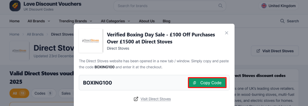 Direct Stoves Love Discount Vouchers page were discounts and offers are found