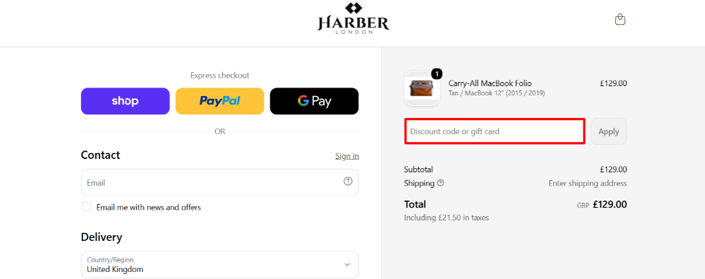 A Harber London promo code offer already applied at checkout
