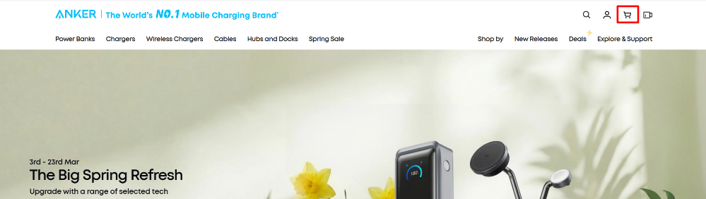 The Anker shopping page and the different shopping categories and a shopping cart in the top-right-hand corner