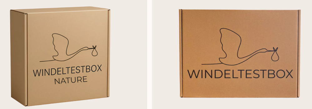 Zwei verschiedene Boxen mit dem Logo von Windeltestbox darauf