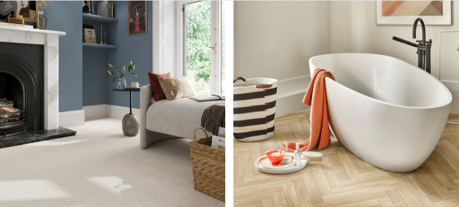 vinyl carpeting in the bathroom and carpet for the living room