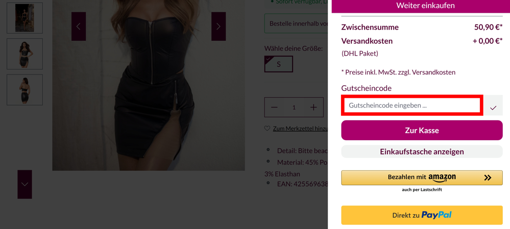 Warenkorb von AGFashion mit rotmarkiertem Eingabefeld für Rabattcodes