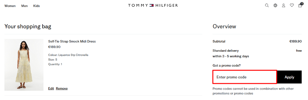 Tommy Hilfiger promo code place seen in the order overview