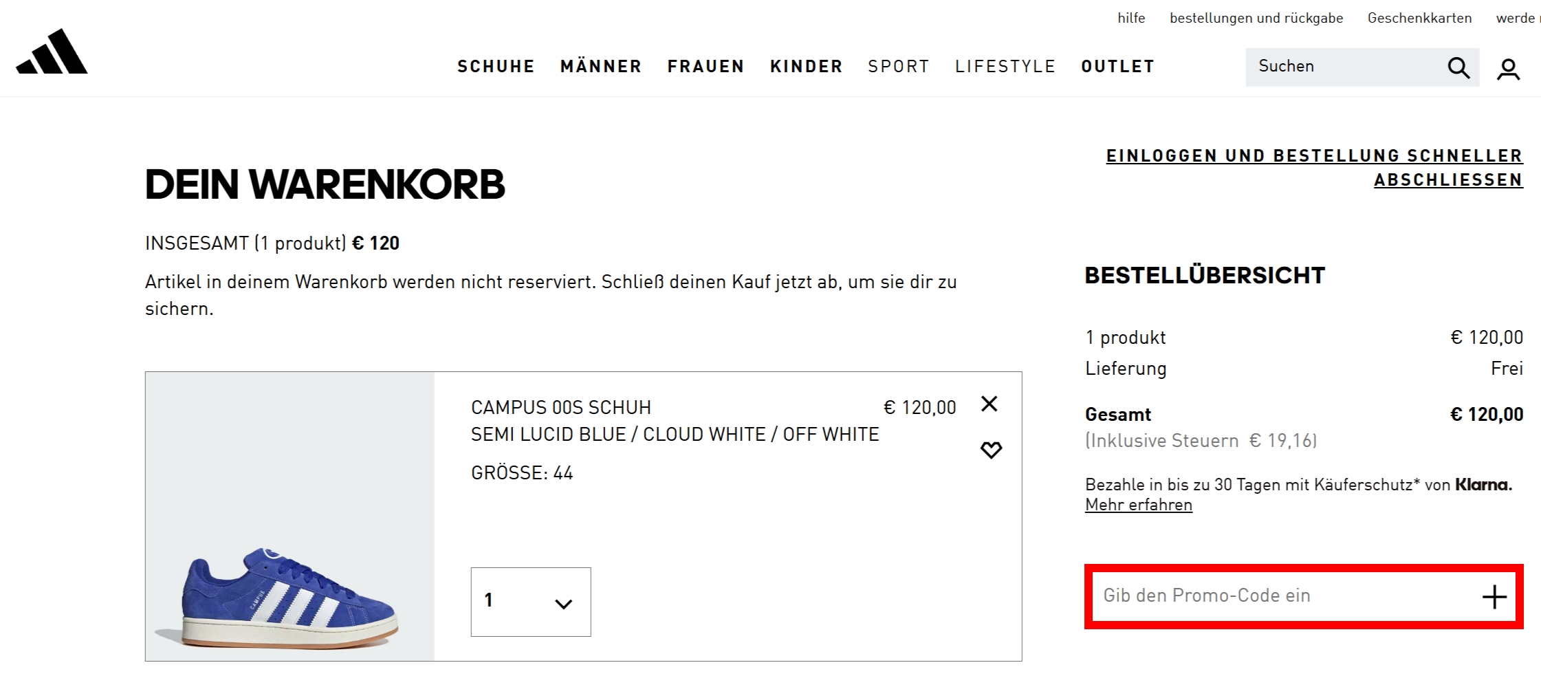 Der Warenkorb von Adidas mit einem rotmarkiertem Eingabfeld