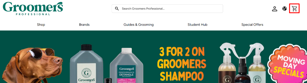The Groomers homepage and shopping categories.