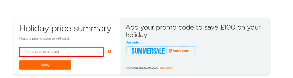 easyJet holidays booking checkout page where a code is pasted