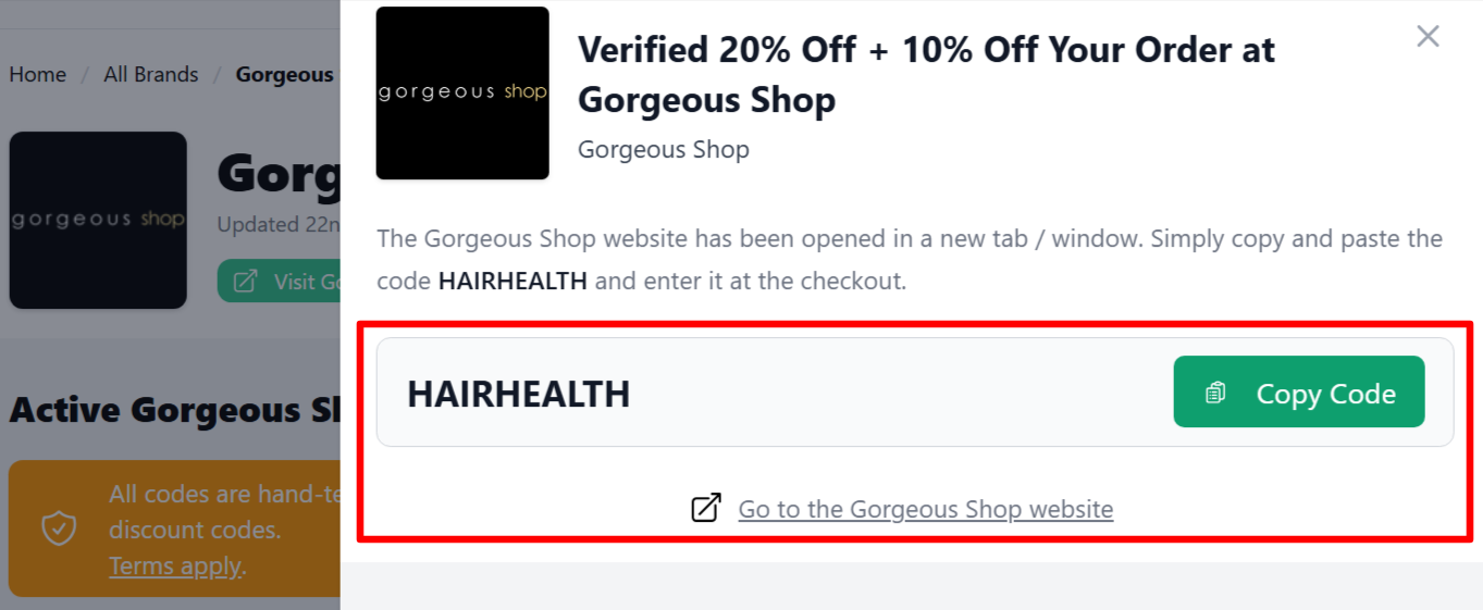 A Gorgeous Shop discount code on an onscreen page on our site