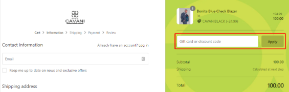 The House of Cavani checkout page and a promotional box highlighted with a red box