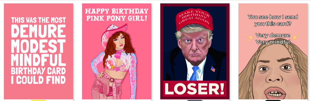 four of Scribbler's birthday cards displayed on their online store