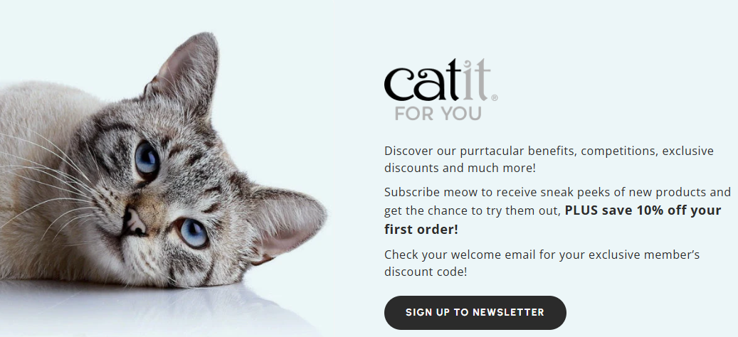 The Catit newsletter sign-up button with a grey striped cat next to it.