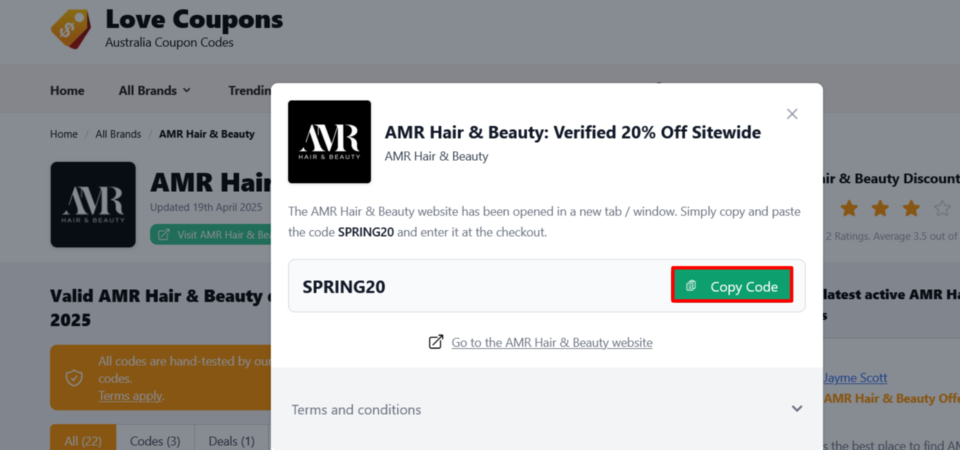 AMR Hair & Beauty page on Love Coupons where to copy your code