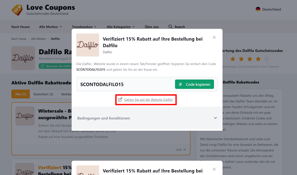 Offener Dalfilo Rabattcode mit einem rot markierten Link