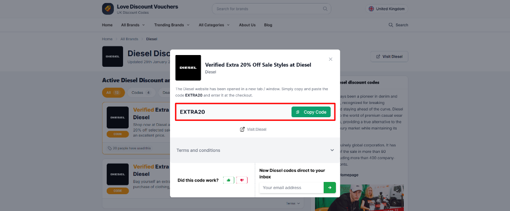A Diesel promo code on Love Discount Vouchers